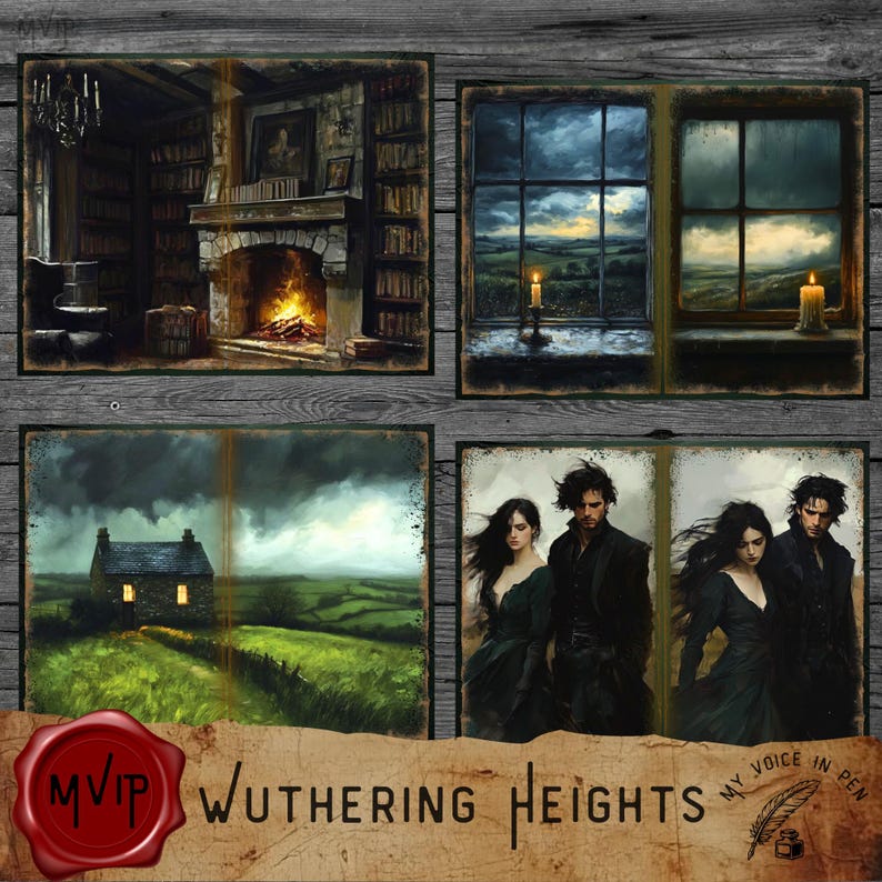 May include: A set of four illustrated cards featuring scenes from the novel Wuthering Heights. The cards depict a fireplace in a library, a window with a view of a stormy landscape, a cottage in a field, and two couples standing in a field.