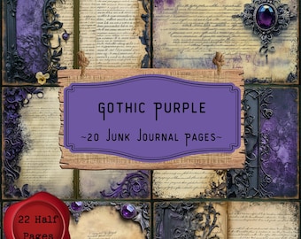 May include: A collection of vintage junk journal pages with a gothic purple theme. The pages feature ornate purple borders, handwritten text, and decorative elements. The central sign reads "Gothic Purple - 20 Junk Journal Pages". A red wax seal reads "22 Half Pages".