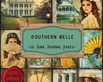 Southern Belle Junk Journal Pages, Summer Yellow Floral Digital Scrapbooking Kit, Vintage Printable Paper, Scarlett Ohara, Digital Download