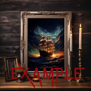 May include: A framed painting of a ship sailing on a dark, stormy sea with a starry sky. The ship is lit by a warm, golden light. The frame is ornate and silver.