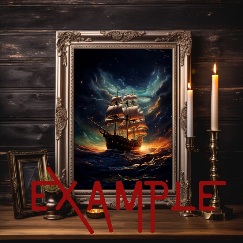 May include: A framed painting of a ship sailing on a dark, stormy sea with a starry sky. The ship is lit by a warm, golden light. The frame is ornate and silver.