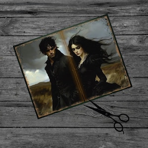 May include: A vintage-style illustration of a man and woman in black clothing standing in a field. The image has a dark, moody feel and is printed on a textured background.