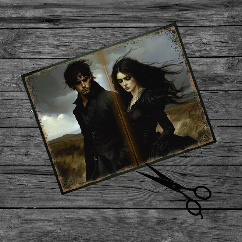 May include: A vintage-style illustration of a man and woman in black clothing standing in a field. The image has a dark, moody feel and is printed on a textured background.