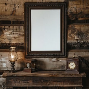 May include: A dark wood shelf with a vintage clock, a small wooden box, and a framed picture with a white background. The shelf is against a rustic wood wall.