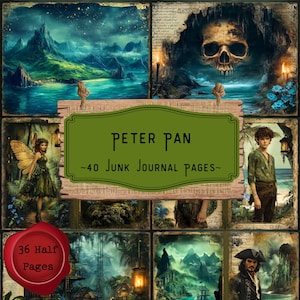 Puede incluir: Un collage de imágenes con el tema de Peter Pan. La imagen central es un rectángulo verde con las palabras "PETER PAN ~40 JUNK JOURNAL PAGES~". Otras imágenes incluyen un hada, una calavera y un pirata.