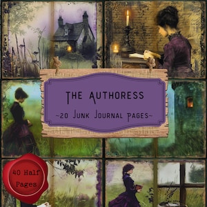 The Authoress Junk Journal Pages Woman Writer Scrapbooking Kit Dark Victorian Romance Author Vintage Printable Paper Purple English Cottage