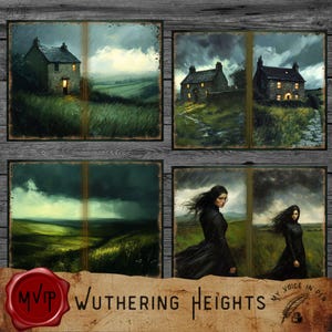 May include: A set of four illustrated cards featuring scenes from the novel Wuthering Heights. The cards depict a house in a field, a stormy sky, and two women in black dresses standing in a field.