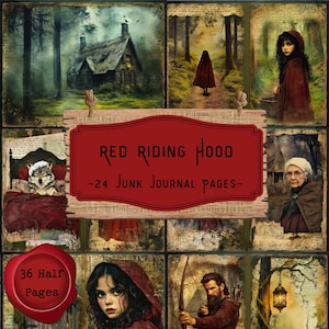 Red Riding Hood Junk Journal Pages, Fairytale Fantasy Digital Scrapbooking Kit Grimm Brothers Printable Paper Whimsical Forest Wolf Ephemera