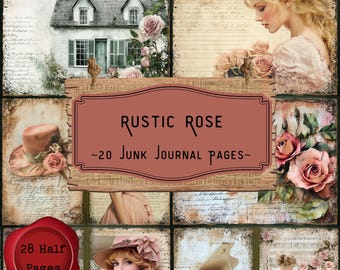 Rustic Rose Junk Journal Pages, Shabby Chic Digital Scrapbooking Kit, Cottagecore Pastel, Dusty Pink Roses Vintage Printable Paper, Download