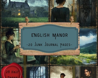 May include: A collage of images with an English Manor theme. The central image features a sign that reads "English Manor ~20 Junk Journal Pages~". Other images include a manor house, landscapes, and portraits of people.