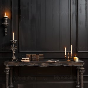 May include: A dark wooden console table with a black background. The table has a carved design and is decorated with candlesticks and books. The candlesticks are made of metal and have a gold finish. The books are bound in leather and have a distressed look.