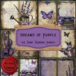 Purple Junk Journal Pages, Lavender Digital Scrapbooking Supplies, Vintage Floral Ephemera, Cottagecore Printable Paper Kit, Shabby Chic