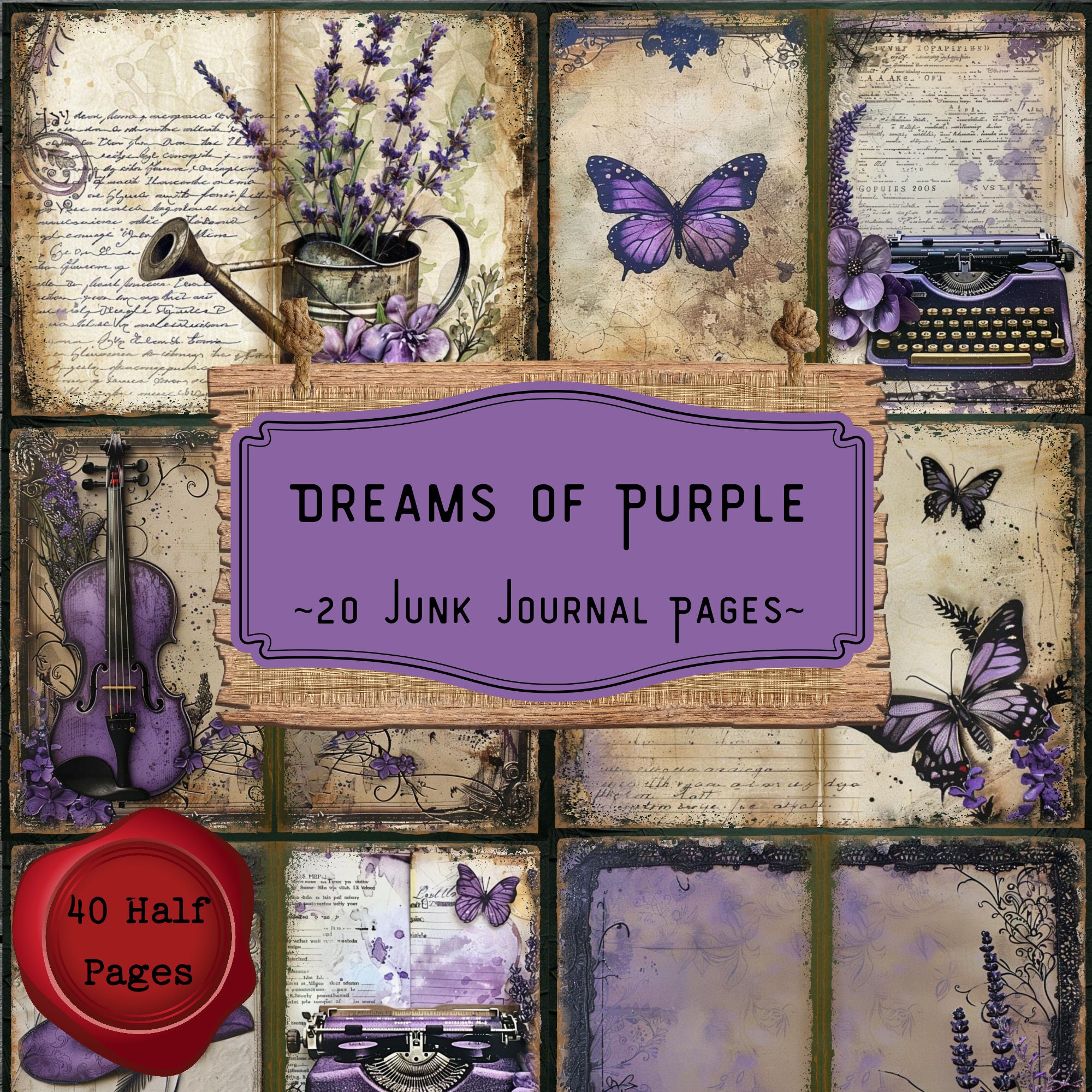 Purple Junk Journal Pages, Lavender Digital Scrapbooking Supplies, Vintage Floral Ephemera, Cottagecore Printable Paper Kit, Shabby Chic
