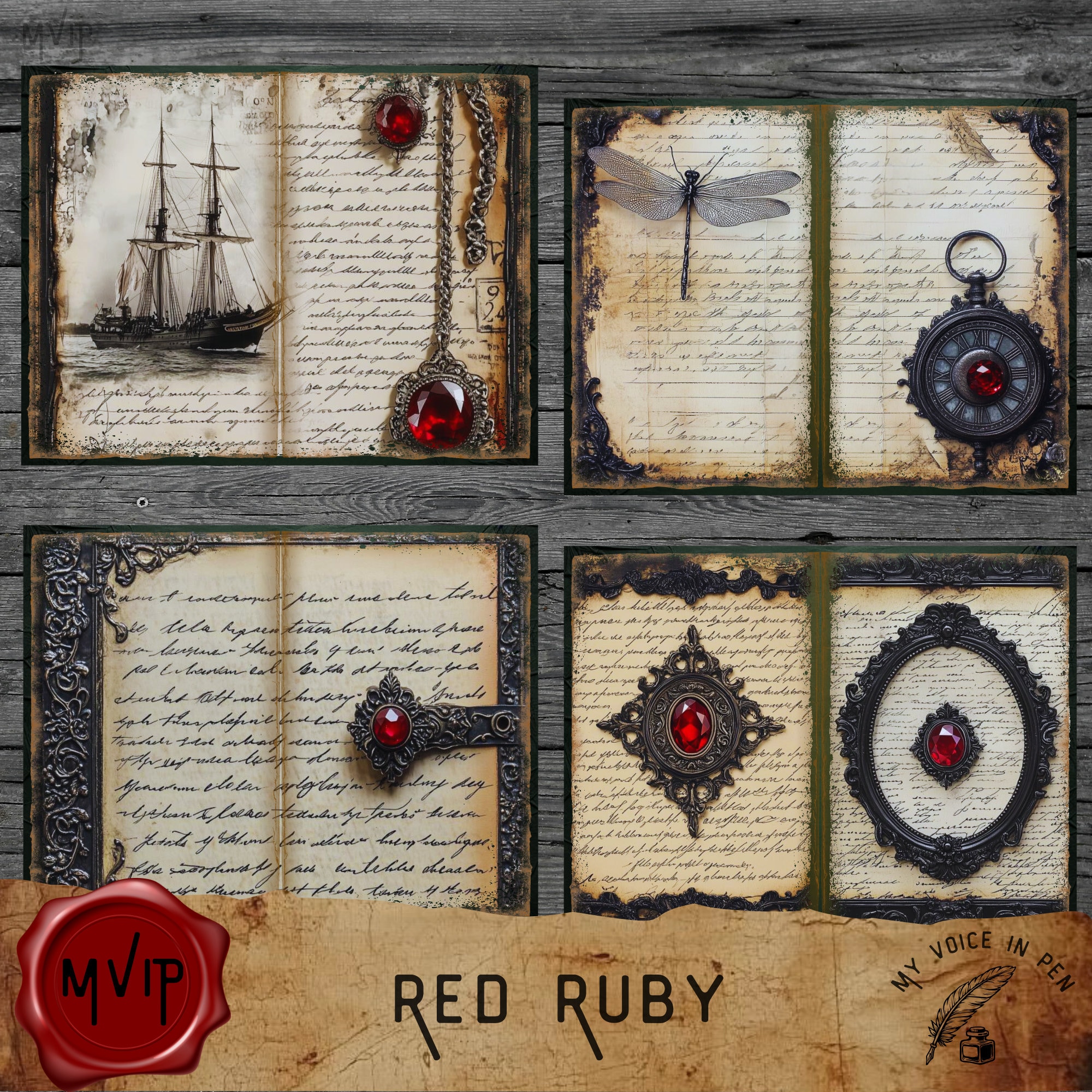 Red Ruby Junk Journal Pages, Vintage Printable Paper