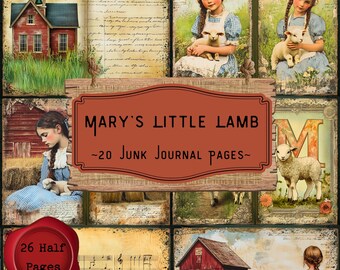Mary's Little Lamb Junk Journal-pagina's: Victoriaanse kinderrijmpjes, ephemera (digitale download)