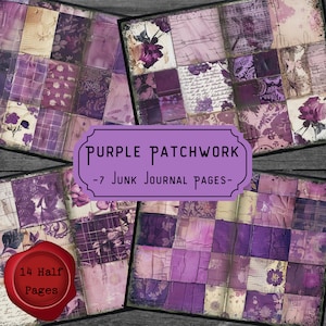 Purple Patchwork Quilt Junk Journal Pages: Vintage Shabby Lavender Scrapbook Paper Texture (Digital Download)
