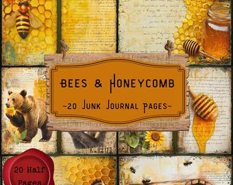 Bees & Honeycomb Junk Journal Pages, Honey Bees Digital Scrapbooking Kit Vintage Printable Paper Beekeeper Beehive Ephemera Digital Download