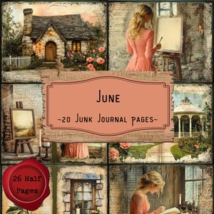June Junk Journal Pages, Summer Floral Digital Scrapbooking Kit, Pink Roses Vintage Printable Paper, Cottagecore Artist Ephemera Download