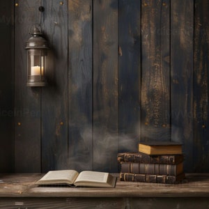 May include: A stack of old, leather-bound books sits on a wooden table in front of a dark wood wall. An antique lantern hangs above the books, casting a warm glow.
