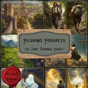 Páginas de diário de progresso do peregrino, John Bunyan, kit de scrapbook digital de fé cristã, jornada espiritual, imprimíveis vintage, download