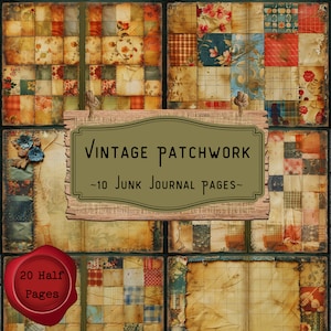 以下が含まれることがあります： ヴィンテージパッチワークスタイルのデジタルペーパーパック、ジャンクジャーナルページ10枚入り。ペーパーパックには、赤、青、緑、黄など、さまざまな色とパターンが使用されています。ペーパーは使い古された風合いがあり、ヴィンテージな外観です。木製の看板に「Vintage Patchwork ~10 Junk Journal Pages~」というテキストが表示されています。赤いワックスシールに「20 Half Pages」というテキストが表示されています。