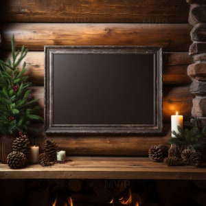 May include: A dark wood framed picture with a black background sits on a wooden mantel.  A lit candle and pine branches are on either side of the picture.