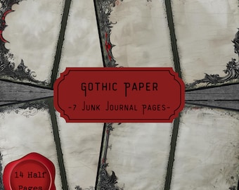 Puede incluir: Siete páginas imprimibles con bordes de estilo gótico. Las páginas son blancas con un aspecto desgastado y tienen bordes negros y plateados con acentos rojos. El texto "Gothic Paper - 7 Junk Journal Pages -" está en una pancarta roja en la parte inferior de la imagen.