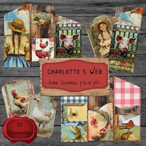 May include: A collection of vintage-style ephemera for junk journaling. The kit includes images of pigs, chickens, a girl with a piglet, and the text "Charlotte's Web - Junk Journal Folio Kit-". The kit contains 22 elements.