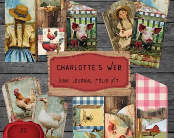 May include: A collection of vintage-style ephemera for junk journaling. The kit includes images of pigs, chickens, a girl with a piglet, and the text "Charlotte's Web - Junk Journal Folio Kit-". The kit contains 22 elements.