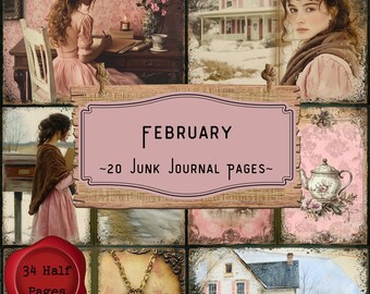 Strony dziennika śmieci lutowych, zestaw do scrapbookingu w stylu shabby chic, dziennik śmieci walentynkowych, papiery cyfrowe do druku, wiktoriańskie pamiątki vintage