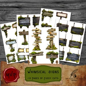 Whimsical Mossy Wooden Signs, Printable Junk Journal Labels, Fairytale Fantasy Hobbit Scrapbooking Ephemera, (Digital Download)