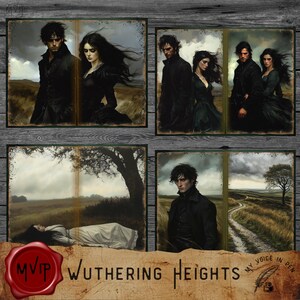 May include: A collage of four images depicting scenes from the novel "Wuthering Heights" by Emily Bront&euml;. The images feature characters from the book, including Heathcliff, Catherine Earnshaw, and Edgar Linton. The images are set against a backdrop of the Yorkshire moors.