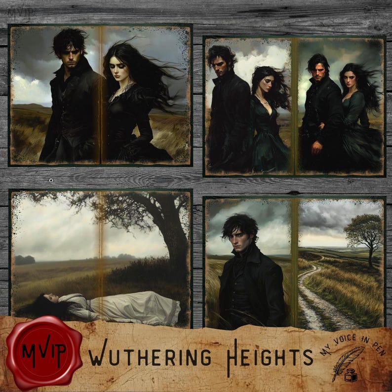 May include: A collage of four images depicting scenes from the novel "Wuthering Heights" by Emily Bront&euml;. The images feature characters from the book, including Heathcliff, Catherine Earnshaw, and Edgar Linton. The images are set against a backdrop of the Yorkshire moors.