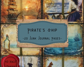 Páginas de diario de barco pirata, scrapbooking náutico vintage, efímera junto al mar, viaje oceánico, búsqueda del tesoro, marinero, papel digital