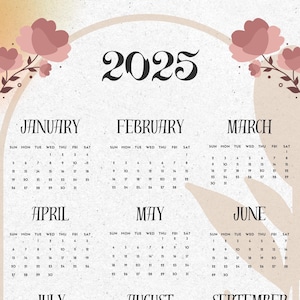 2025年カレンダー、2025年年間カレンダー、印刷可能な2025年壁掛けカレンダー、2025年年間カレンダー、透明な背景のカレンダー、PDF、PNG、デジタル