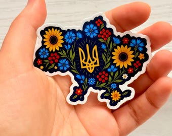 Ukraine Map Sticker, Tryzub Emblem, Floral Design, Weatherproof Vinyl