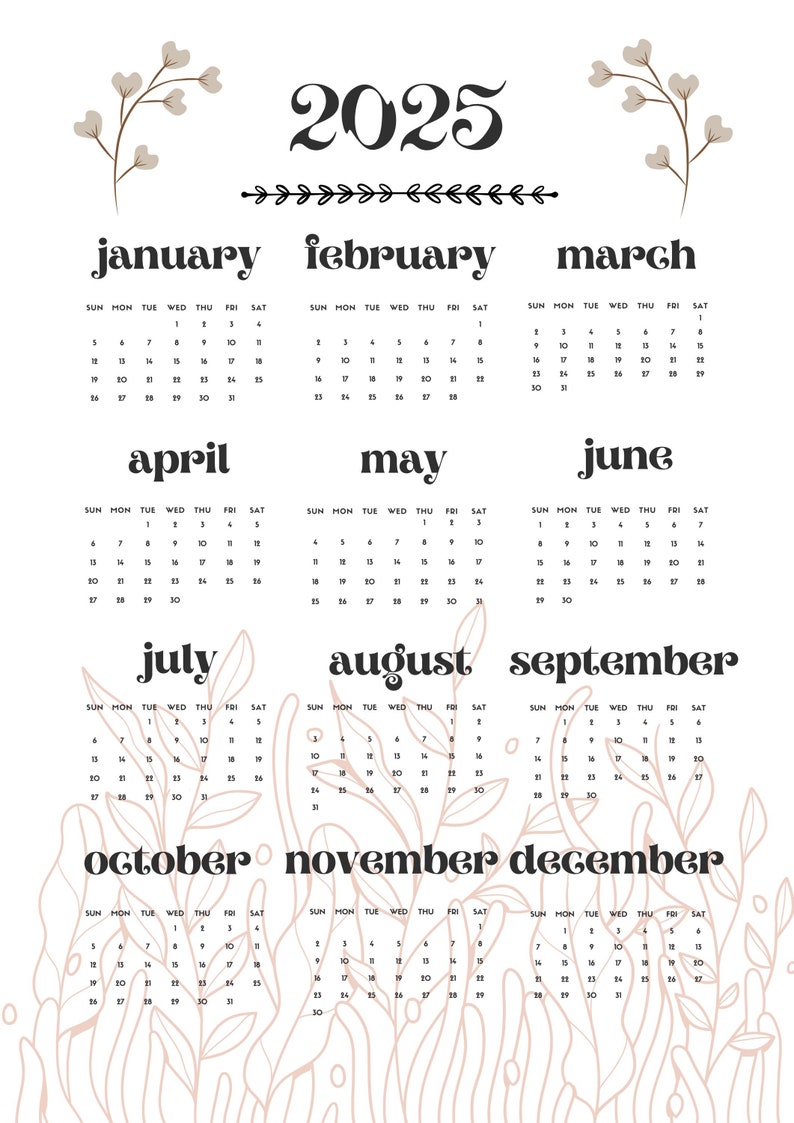 2025 Calendar, 2025 Yearly Calendar, Printable 2025 Wall Calendar, 2025