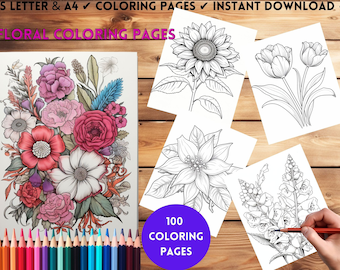 Flower Coloring Pages ,Printable Floral Designs for Relaxation, Adult and Kids Coloring Book, Instant Digital Download
