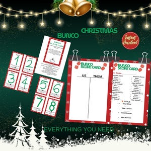 May include: A Christmas-themed Bunco game set with scorecards, table cards, and a ghost player card. The cards have a red and white border with snowflakes. The background is dark green with Christmas decorations and the text "Everything You Need".