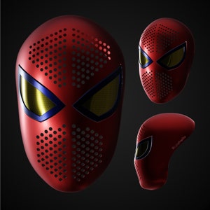May include: A red and blue Spider-Man mask with a black mesh design. The mask has a textured surface and is shown from three different angles.