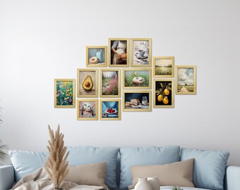 Wohnzimmer-Geschenk, Ölgemälde-Set von 13, Landschaftsölgemälde auf Leinwand, handgefertigter Rahmen aus Kiefernholz, Kunst im Vintage-Stil, Geschenk für Ihn