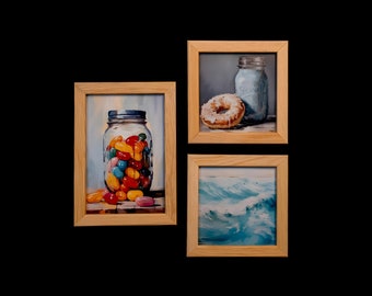 Candy Jar, Sea Peace and Donut Set of 3, Handmade Premium Print Oil Painting, Handmade Pine Tree Frames, Perfect Gift for Her