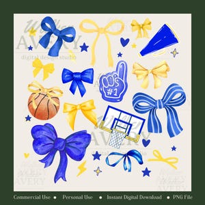 May include: Watercolor digital design elements featuring blue and yellow bows, a basketball, a basketball hoop, a foam finger, and stars. The text "digital design studio" and "Walker Avery" are also visible.