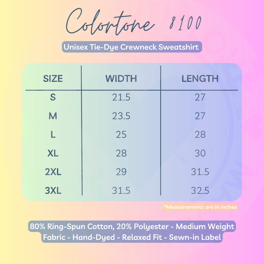 Size Chart Colortone 8100 Tie Dye Sweatshirt - Etsy