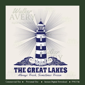 May include: A navy blue and white illustration of a lighthouse with radiating lines, waves, and the text "THE GREAT LAKES." The text below reads "Always Fresh, Sometimes Frozen." The design is on a cream background.