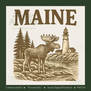 Alce de Maine PNG – Arte vintage de fauna costera – Diseño de faro rústico – Descarga de sublimación de Nueva Inglaterra