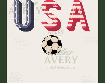 USA Soccer PNG – Patriotic Soccer Digital Design for Sublimation, American Flag Letters and Soccer Ball Clipart, Instant Download