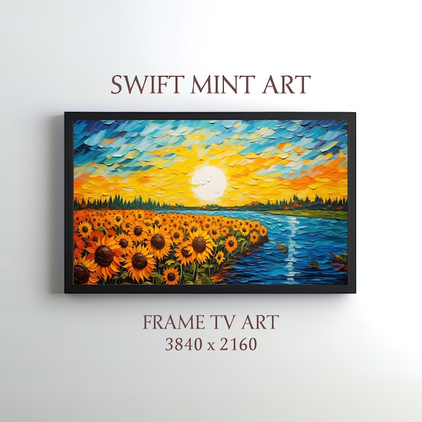 Frame TV Summer Art, Sunflower Field by the lake Painting, Oil Painting, Sunset in Van Gogh Style, Samsung Frame Tv Art, Colorful Art For Tv