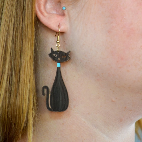 Atomic Cat Wood Earrings