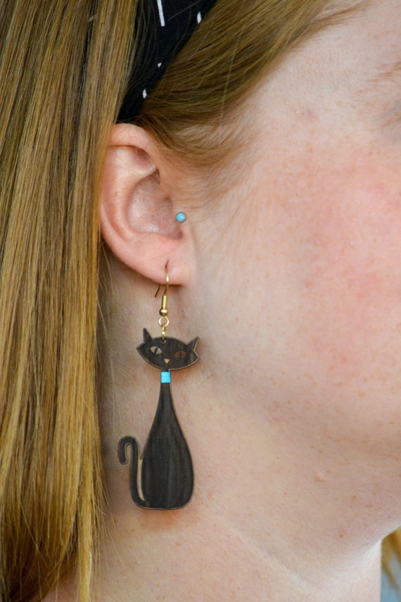 Atomic Cat Wooden Earrings